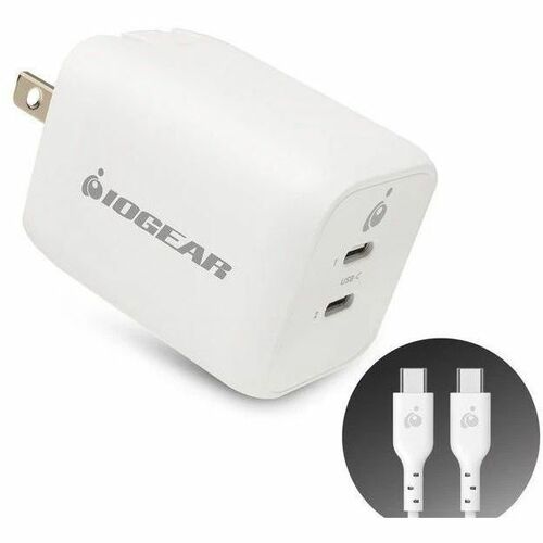 IOGEAR GearPower Dual USB-C 65W GaN Charger - 65 W - 6 ft Cable - 20 V DC Output - 3.25 A - 1