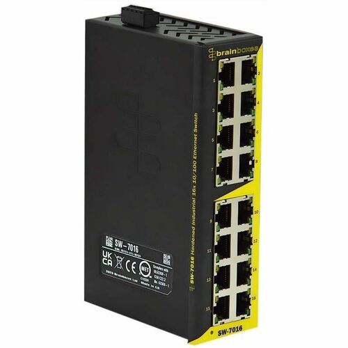 Brainboxes SW-7016 Ethernet Switch - 16 Ports - Fast Ethernet - 10/100Base-T - 3.80 W Power Consumption - Twisted Pair - D