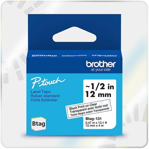 Brother P-touch BTAG-131 Black on Clear Label Tape - 15/32" (12 mm) Width x 13 1/8 ft (4 m) Length - Black on Clear - Wate