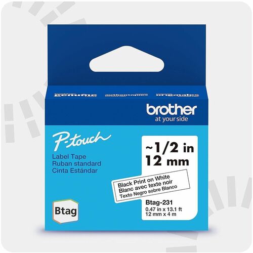 Brother P-touch BTAG-231 Black on White Label Tape - 15/32" (12 mm) Width x 13 1/8 ft (4 m) Length - Black on White - Wate
