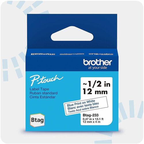 Brother P-touch BTAG-233 Blue on White Label Tape - 15/32" (12 mm) Width x 13 1/8 ft (4 m) Length - Blue on White - Water 