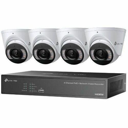 TP-Link VIGI 4MP Full-Color Turret IPC & 4 Channel PoE+ NVR KIT - 2 TB HDD - Camera, Network Video Recorder - 4 Camera(s) 
