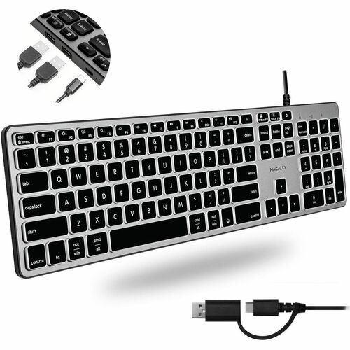 Macally Backlit Keyboard for Mac with (Dual USB Connectors A & C) - Cable Connectivity - USB Type A, USB Type C Interface 