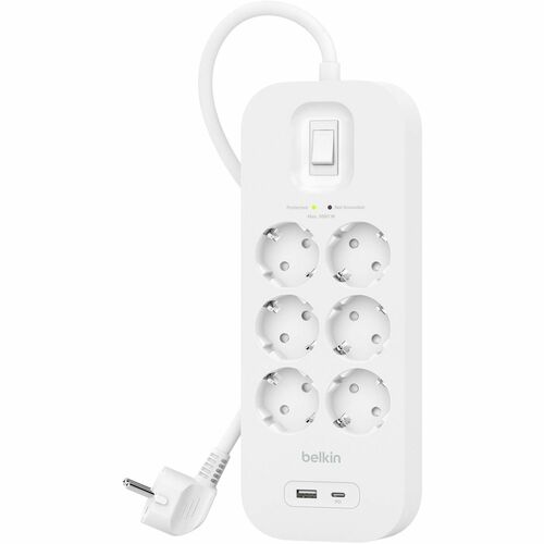 Belkin Connect Surge Suppressor/Protector - 1 x USB Type A, 1 x USB Type C, 6 x AC Power - 650 J - 2 m - Wall Mountable