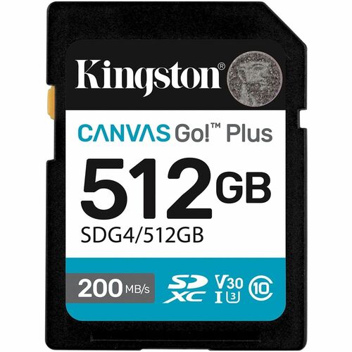 Kingston Canvas Go! Plus 512 GB Class 10/UHS-I (U3) V30 SDXC - 200 MB/s Read - 160 MB/s Write