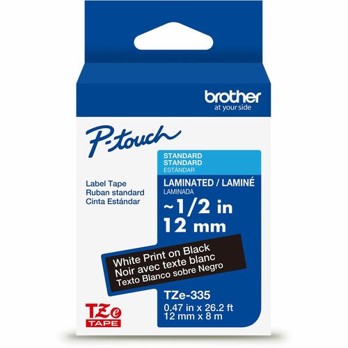 Brother Genuine P-touch TZe335 WHT on BK Label Tape, Laminated, 12mmX8m - 15/32" (12 mm) Width - Black - Laminated - Water