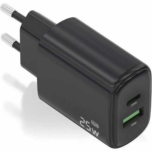 CARGADOR GAN 25W 1XUSB-C PD3.0 1XUSB-A QC3.0 NEGRO