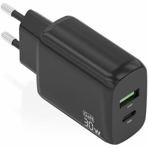 CARGADOR GAN 30W 1XUSB-C PD3.0 QC4.0 1XUSB-A QC3.0 NEGRO