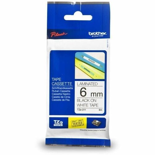 Brother Genuine P-touch TZe211 BK on WHT Label Tape, Laminated, 6mmX8m - x 15/64" (6 mm) Width - White - Polyethylene Tere