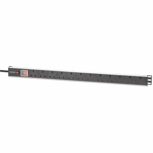 19" 1U PDU 12-way UK, Vertical type, With switch and overload protection, Rackmount, Power Distribution Unit, UK 3-pin out