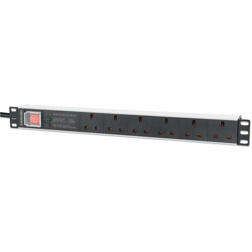 19" 1U PDU 6-way UK, With switch and Surge Protection, Rackmount, Power Distribution Unit, UK 3-pin outlets, 3m power cord