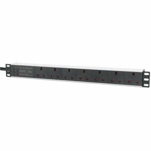 19" 1U PDU 7-way UK, Surge Protection, Rackmount, Power Distribution Unit, UK 3-pin outlets, 3m power cord, output - 7 x B