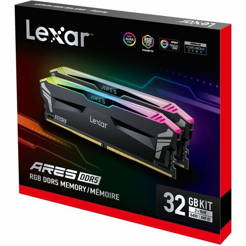Module mémoire Lexar® Ares DDR5 6400 CL32 1,4 V avec dissipateur thermique et éclairage RGB, Kit 32Go (2x16Go), pack de de