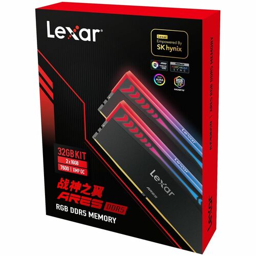 Module mémoire gaming Lexar® Ares DDR5 2nd génération 7600 CL36 1,4 V avec dissipateur thermique et éclairage RGB, Kit 32G