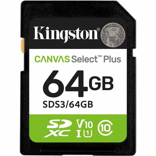 Carte SDXC Kingston Canvas Select Plus - 64 Go - Classe 10/UHS-I (U1) - V10 - 100 Mo/s en Lecture