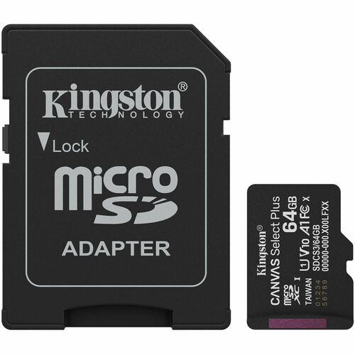 Kingston Technology 64GB microSDXC Canvas Select Plus Gen3 100MB/s A1 Card + Adapter. Capacity: 64 GB, Flash card type: Mi