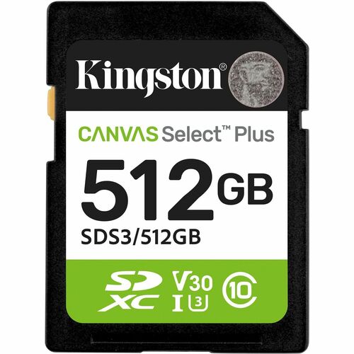 Kingston Canvas Select Plus 512 GB Class 10/UHS-I (U3) V10 SDXC - 1 - 150 MB/s Read - Lifetime Warranty
