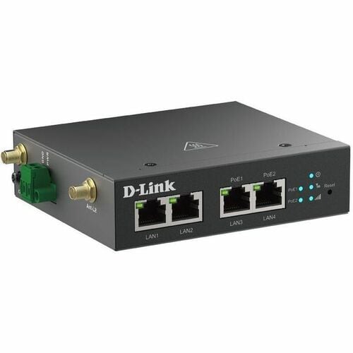 D-Link DWM-314-TP/B 4G LTE M2M VPN PoE+ Router. Interface: 2x RJ45, 2x RJ45 PoE, Antenna type: External. Networking standa