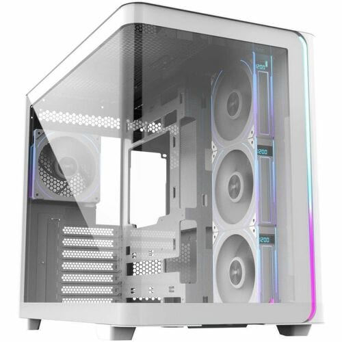 M580PLUS ATX Mid Tower Gaming Computer Case (White) - ATX, Micro ATX, ITX - 270° Panoramic Curved Glass - Digital Display 
