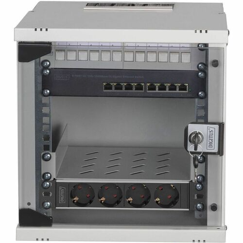 Digitus 10U Wall Mountable Enclosed Cabinet Rack Cabinet for Server, Network Equipment - Light Grey - Glass - 30 kg Maximu