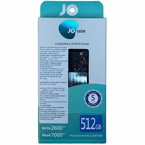 JOGEEK SSD-512GB-2280-NVME 512 GB Solid State Drive - M.2 2280 Internal - PCI Express NVMe (PCI Express NVMe 4.0 x4) - Not