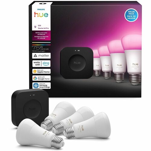 Philips Hue Color 4 pack 75W Bulb + Hue Pro Bridge - 75 W - 1100 lm - E26 Base - 25000 Hour - 20000°K Color Temperature - 