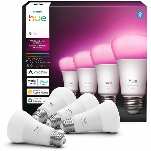 Philips Hue Color 4 pack - 60W Bulb - 60 W - 810 lm - E26 Base - 25000 Hour - 20000°K Color Temperature - Alexa, Apple Hom