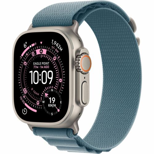 Apple Watch Ultra 3 GPS + Cellular 49mm Natural Titanium Case with Light Blue Alpine Loop - Medium. Display technology: OL