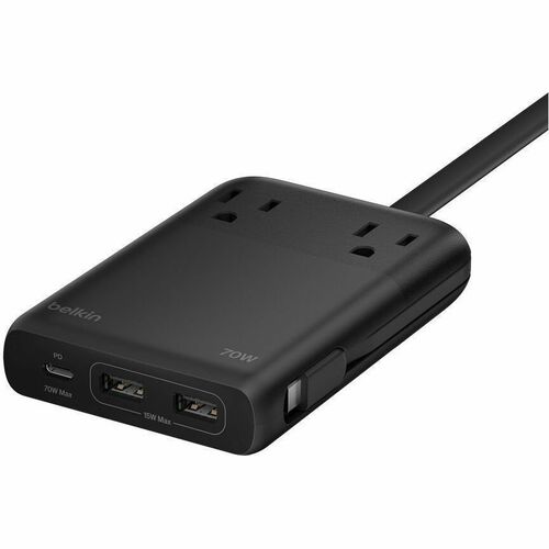 Belkin 2-Outlet Charging Station w/ 2x USB-A, 1x USB-C Ports + Tethered USB-C Cable 70W - 5ft Cord - Black - 70 W - 4.92 f
