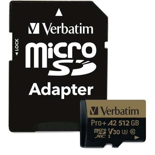 Verbatim Pro+ 512 GB Class 10/UHS-I (U3) microSDXC - 1 Each - 100 MB/s Read - 60 MB/s Write - 666x Memory Speed