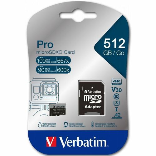 Verbatim Pro 512 GB Class 3/UHS-I (U3) V30 microSDXC - 100 MB/s Read - 90 MB/s Write