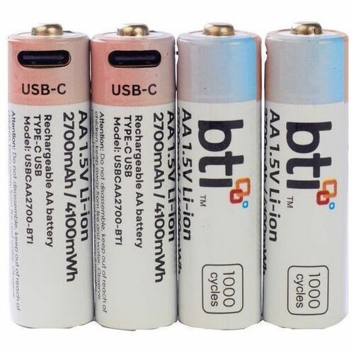 BTI USBCAA2700-BTI 1.5V LI-ION 2700MAH 4100mWH USB-C PORT RECHARGEABLE BATTERY (PACK OF 4) FOR GENERAL USE - SIZE AA - Com