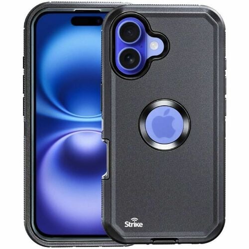 Strike Rugged Case for Apple iPhone 16 Smartphone - Rubberised Textured Design - Black - 1 - Dust Resistant, Debris Resist