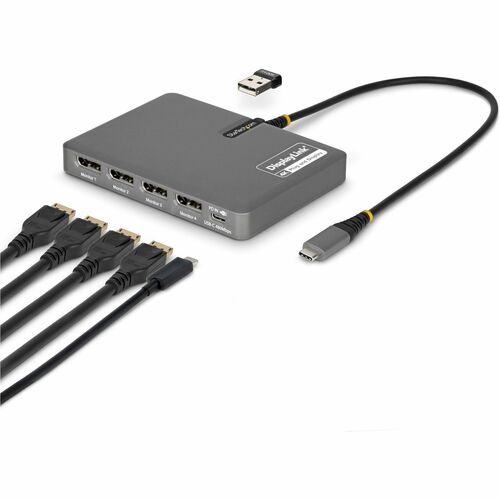 StarTech.com USB-C to Quad-Monitor Workstation Adapter, 4K 60Hz DisplayPort, 140W PD Passthrough for Laptop Charging, 1x U