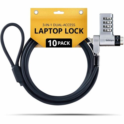 StarTech 10-Pack 3-in-1 Dual-Access Laptop Lock, 6.6ft (2m) Keyed Alike/Combination for Noble Wedge®/Nano/K-Slot; Anti-The
