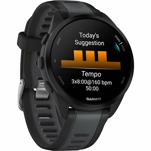 Garmin Forerunner 165 Smart Watch - Round Case Shape - Black Body Color - Slate Grey Band Color - Fiber Reinforced Polymer