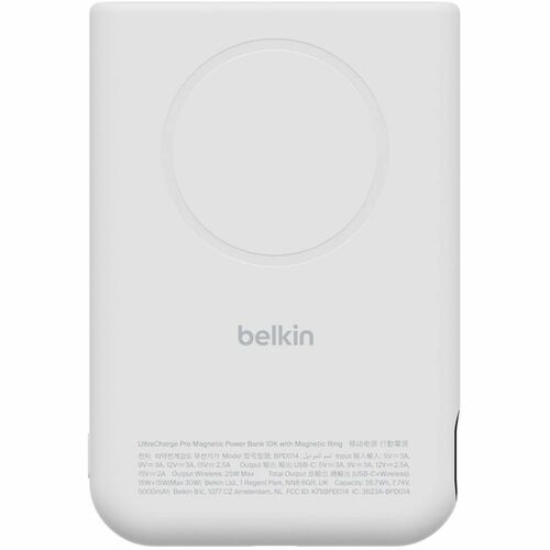 Belkin UltraCharge Pro Power Bank - White - For Qi2-enabled Device, MagSafe-enabled Device, iPhone - 1 x Type-C 25W - 1000