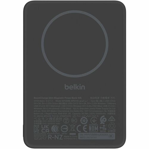 Belkin BoostCharge Power Bank - Black - For Smartphone, iPhone - 10000 mAh - 20 W - USB Type-C Connector - 2 x USB - Magne